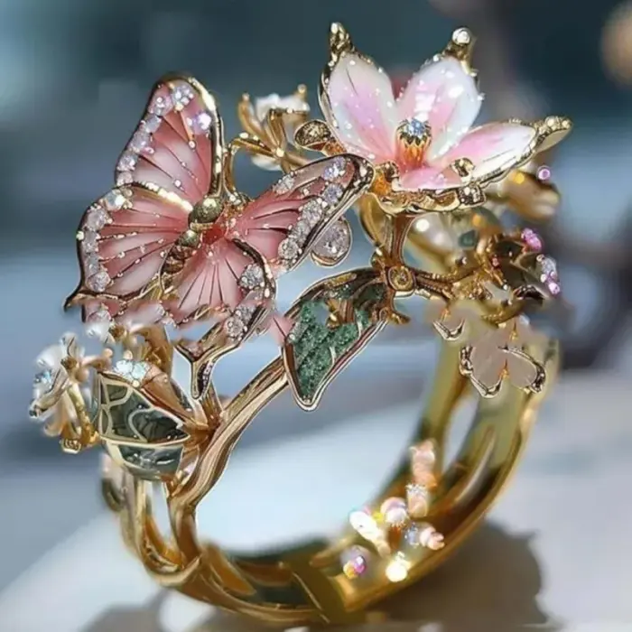 INS Flower Butterfly Ring With Rhinestones And Oil Dropping Design Fashion Personalized Jewelry For Women - Image 1